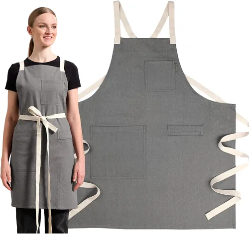Vista 12 de MEEMA Cooking Aprons for Women with Pockets Comfortable One Size Fits All Upcycled Adjustable Cross Back Aprons for Men