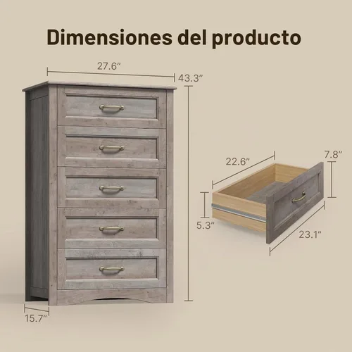 Vista 2 de Gizoon Cómoda de 5 cajones, armario de almacenamiento de madera gris ceniza para dormitorio, armario de almacenamiento de gran capacidad de 43.3