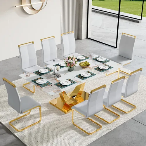 Vista 19 de Juego de mesa de comedor para 4, mesa de comedor de mármol sintético de 63 pulgadas con patas y base de acero inoxidable, sillas acolchadas