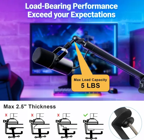 Vista 6 de Aqdocvf Brazo de brazo para micrófono: soporte de brazo de micrófono de metal resistente de bajo perfil con abrazadera de escritorio y gestión