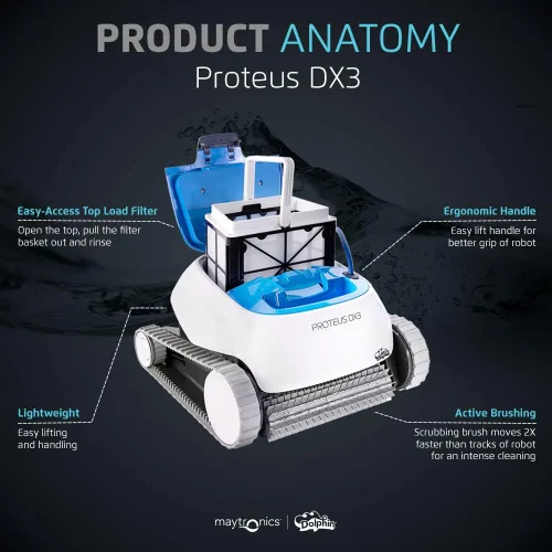 Vista 9 de Dolphin Proteus DX3 Aspiradora robótica automática para piscina, con escalada de paredes, cepillo de fregado activo, ideal para piscinas enterradas