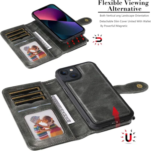 Vista 6 de Asuwish Funda de teléfono para iPhone 13 Mini de 5.4 pulgadas con cremallera, protector de pantalla de vidrio templado y tarjetero para celular