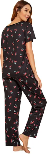 Vista 2 de Floerns Conjunto de pijama de dos piezas con estampado de dibujos animados para mujer con pantalones largos