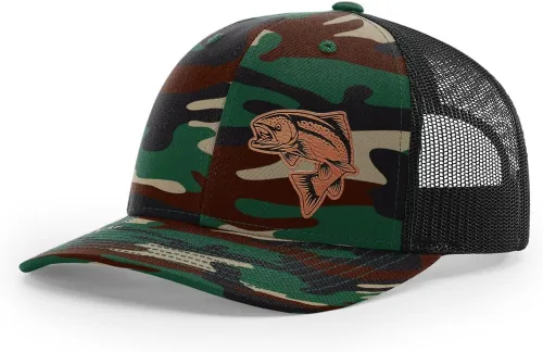 Vista 46 de Sombrero de pesca de salmón con parche de cuero grabado láser Richardson 112 Snapback Trucker Cap