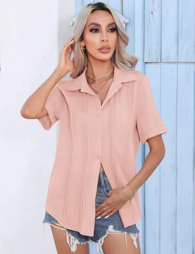 Vista 5 de VVK Camisas de lino y algodón de manga corta para mujer, estilo casual, cuello en V, plisadas, blusas casuales