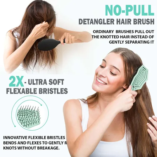 Vista 3 de Fiora Naturals - Juego de cepillos para el cabello para mujer, desenredante, cepillo redondo y peine Set de regalo verde