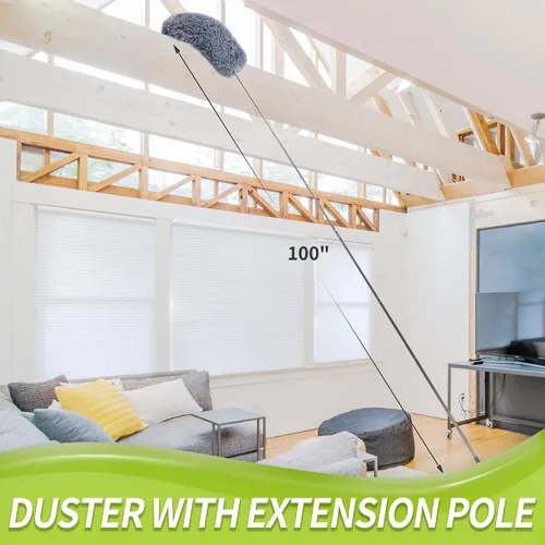 Vista 2 de IVYROLL Plumero con poste de extensión para limpieza (kit de 2 cabezales de microfibra), plumero de plumas de 100 pulgadas de largo para techos