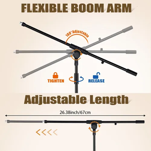 Vista 2 de Tellegloww 1 soporte para micrófono, trípode, brazo de brazo, podio, estudio, altura ajustable, 75 pulgadas, extiende el brazo a 27 pulgadas, viene