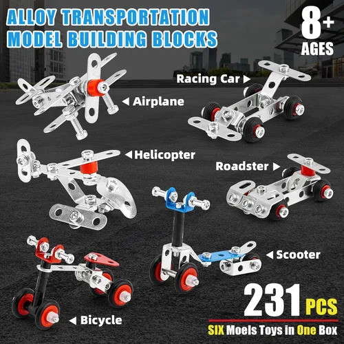 Vista 2 de BESTYMXY Juego de modelos de metal para autos y aviones, modelo de kit de construcción, 231 piezas, 6 modelos, juguetes de construcción de proyectos