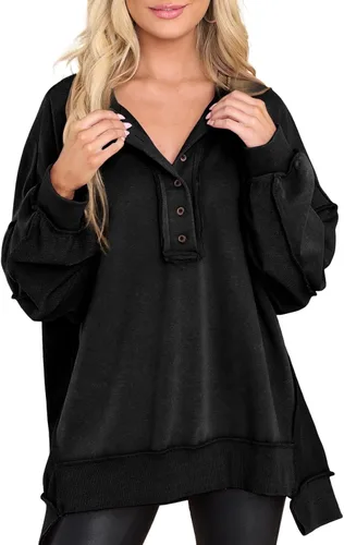 Vista 71 de AlvaQ - Sudadera de gran tamaño para mujer, informal, de manga larga, con botones y cuello Henley, tipo túnica