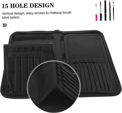 Vista 8 de DOITOOL Elegante soporte para brochas de maquillaje de lona, organizador de 15 bolsillos para cosméticos ordenados, negro, 11.8 x 11.0 in