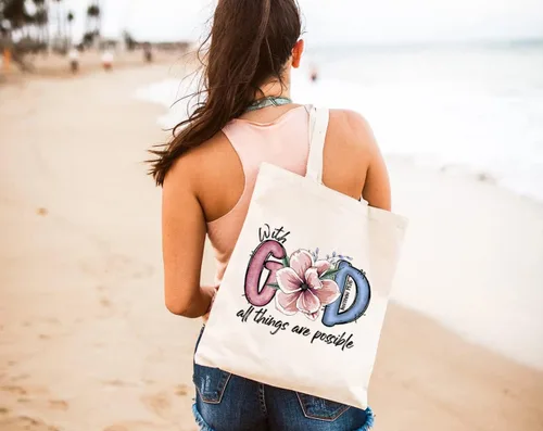 Vista 5 de With God All Things Are Possible - Bolsa de lona para mujer, flores estéticas, reutilizables, bolsas de comestibles, regalos cristianos