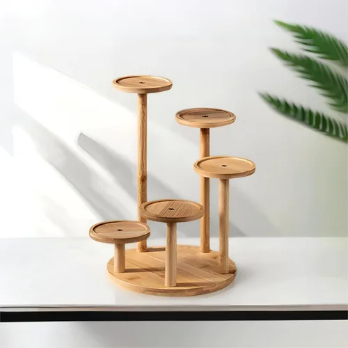 Vista 7 de Soporte de escritorio de 5 niveles para plantas, estante redondo de bambú para plantas, soporte de mesa para suculentas y hierbas, soporte