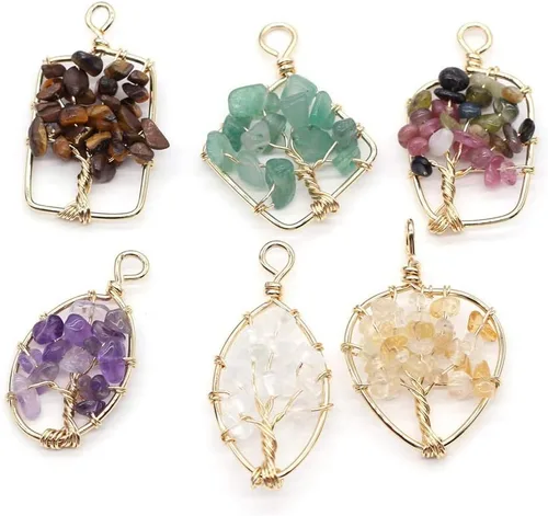Vista 2 de Dije de piedra preciosa del árbol de la vida, colgante de piedra de cuarzo de cristal, alambre de cobre, dije de piedras preciosas curativas