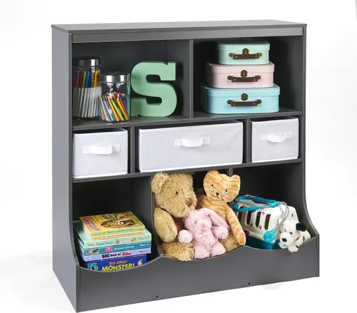 Vista 5 de Badger Basket Combo Bin Unidad de almacenamiento de juguetes y estante para libros para niños con 3 cestas - Gris oscuro