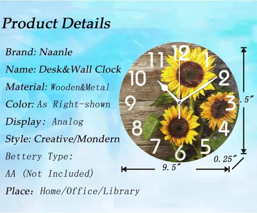 Vista 2 de Naanle Elegante reloj de pared redondo de madera vintage con diseño de girasoles 3D, de 9.5 pulgadas, funciona con pilas, de cuarzo, analógico