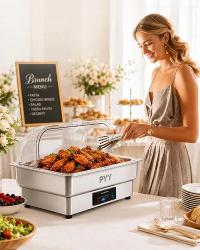 Vista 3 de Plato de roce eléctrico de tamaño completo PYY de acero inoxidable, control de temperatura, juego de plato de roce para buffet para catering, buffets