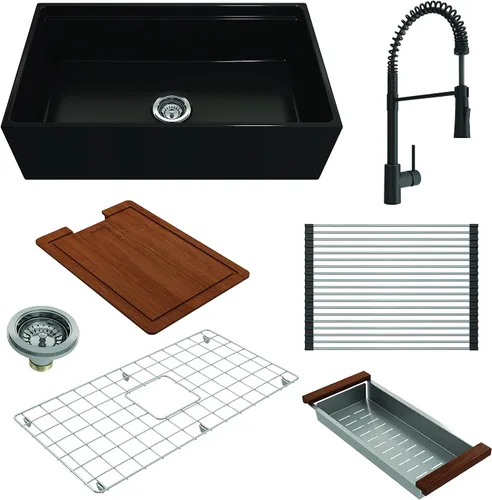Vista 16 de BOCCHI Contempo - Delantal para estación de trabajo, color negro mate, 30 pulgadas, fregadero de cocina de un solo tazón con accesorios y grifo