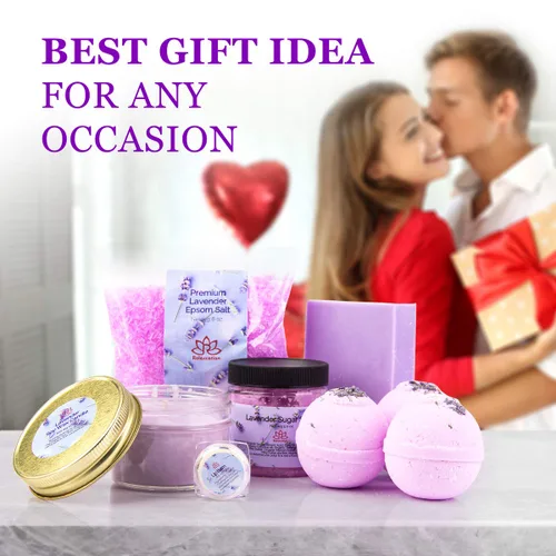 Vista 7 de Cesta de regalo para mujer, juego de regalo de lavanda orgánica, baño y cuerpo en casa, kit de spa, vela de cera de soja, sal de baño de aceite