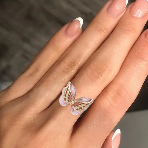 Vista 6 de Anillo de mariposa rosa con incrustaciones de circonita para mujer, anillo elegante de joyería vintage