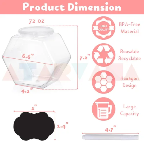Vista 2 de Atarvana Juego de 4 tarros de plástico para caramelos de 72 onzas, recipientes hexagonales para dulces con tapas herméticas para bufé de dulces