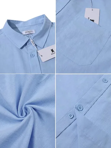 Vista 4 de Camisas de lino con botones para hombre, estilo casual, manga larga, ajuste regular, de algodón, con bolsillo