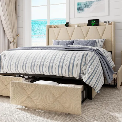 Vista 3 de GalnFu Base de cama de tamaño matrimonial con 4 cajones de almacenamiento, plataforma tapizada con estación de carga, moderna cabecera de Beige