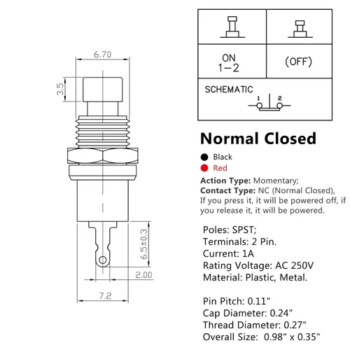 Vista 3 de Clyxgs Interruptor de botón momentáneo, SPST Interruptor NC cerrado normal de 2 pines Mini Micro 1A 250V AC Negro+Tapa Roja 30 PCS