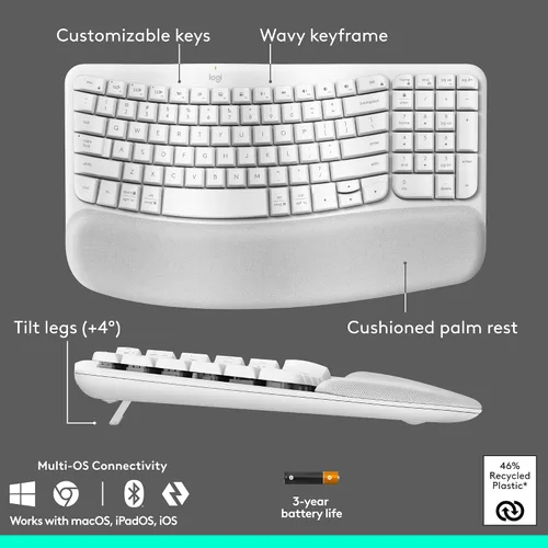 Vista 6 de Logitech Wave Keys & Lift Vertical Mouse - Combo de teclado y mouse inalámbrico ergonómico - con reposo de palma acolchado, Easy-Switch, Bluetooth