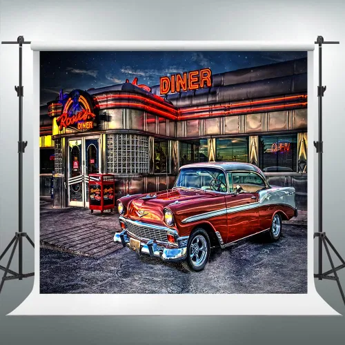 Vista 9 de Telón de Fondo de Rock Roll de los 50s para Diner, 1950s Coche Vintage Retro Nostalgia para Fotografía, 1.5x0.9m Telón de Fondo para Fotos