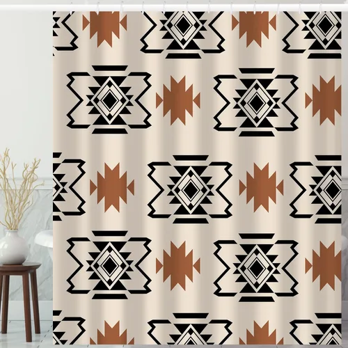 Vista 8 de Cortina de ducha de calavera de toro occidental estilo boho con cuernos de vaca, calavera de cactus bohemia en negro y dorado con ganchos, cortina