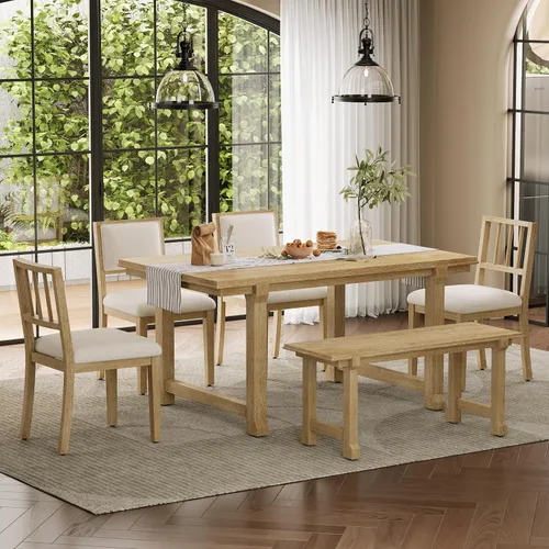 Vista 58 de Juego de mesa de comedor vintage de 6 piezas, juego de mesa de comedor de cocina de madera maciza con 4 sillas ergonómicas acolchadas y banco, mesa