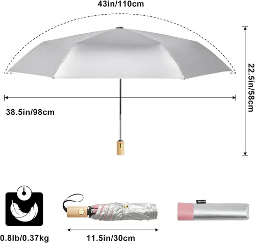 Vista 5 de G4Free Paraguas de viaje con protección UV UPF 50+ con mango de madera, 42 pulgadas, ligero, para sol, lluvia, plegable, cierre automático