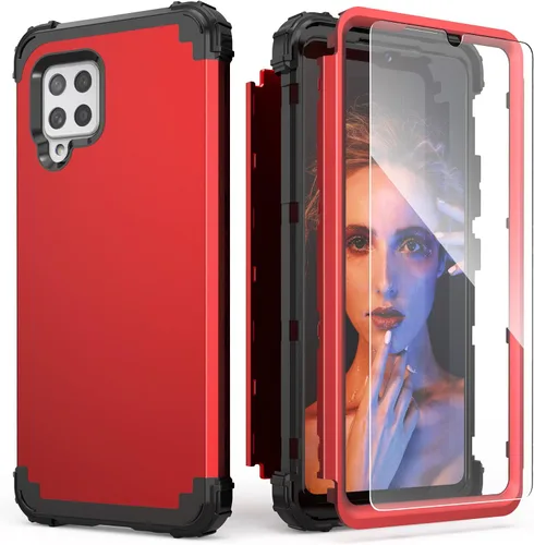 Vista 11 de IDweel Funda para Galaxy A42 5G con protector de pantalla de vidrio templado, híbrida 3 en 1, a prueba de golpes, resistente, cubierta de Negro