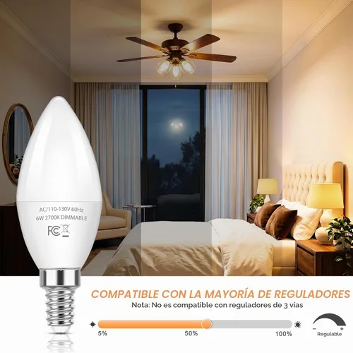Vista 3 de Brightever Bombillas LED E12 regulables, bombillas equivalentes a 60 W, bombillas LED de araña de 6 W, blanco cálido de 2700 K, bombillas LED