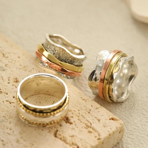 Vista 4 de ENERGY STONE Anillo antiestrés de plata de ley 925 Anillo giratorio para mujer Equilibrio y belleza Belleza exquisita romántica Patrón floral