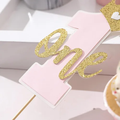 Vista 7 de Una decoración para tartas para bebés, rosa y dorado para el primer cumpleaños, accesorios para el primer cumpleaños