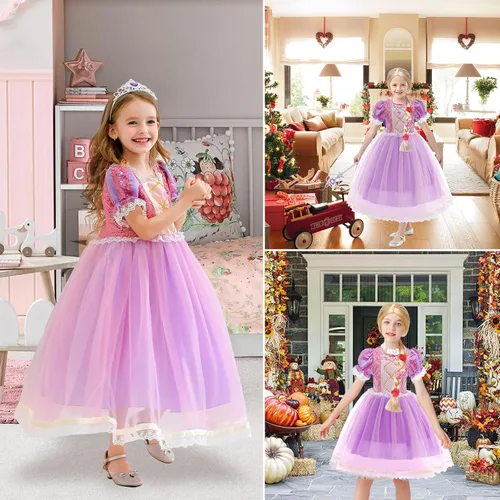 Vista 6 de Tacobear 21 piezas de vestido Rapunzel iluminado para niñas, disfraz de Rapunzel, peluca de Rapunzel, accesorios de princesa, disfraz de Halloween