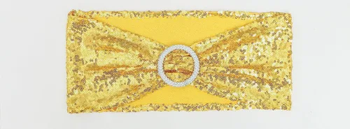 Vista 3 de Bandas de silla doradas totalmente cubiertas de lentejuelas brillantes para bodas, bandas de silla con purpurina brillante y lazos para decoraciones