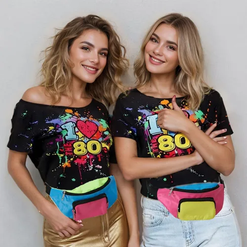 Vista 6 de Riñonera retro de los años 80 para mujeres, hombres y niños, accesorios de los años 80, disfraces de los años 90 para mujeres, fiestas, viajes