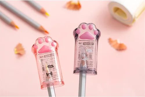 Vista 4 de Lindo sacapuntas de pata de gato rosa Kawaii suministros escolares premio estudiante regalo para niños, lindo sacapuntas