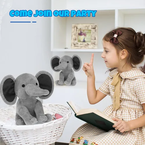 Vista 8 de 6 juguetes de peluche de elefante para fiesta de baby shower, color gris