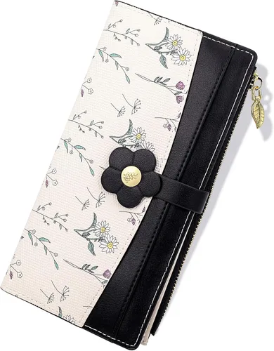Vista 12 de Farcauo Billetera para mujer, billetera delgada para mujer, linda cartera delgada Kawaii con flores para mujer, tarjetero para mujer, Cartera