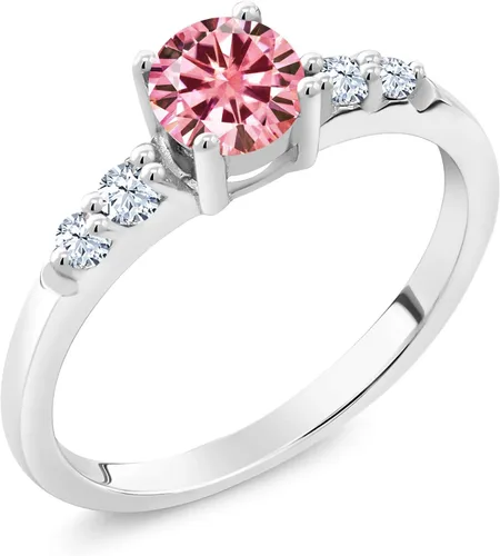 Vista 2 de Gem Stone King Anillo de compromiso de plata de ley 925 con moissanita rosa y zafiro blanco creado 0.67 quilates Anillo de compromiso