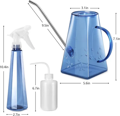 Vista 3 de Goowin - Regadera para plantas de interior, boquilla larga, regadera pequeña de 47 oz para interior con botella de espray adicional de 16 oz y Azul