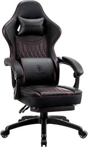 Vista 5 de Dowinx Silla de Juegos de Cuero PU Transpirable para Jugadores con Reposapiés, Soporte Lumbar de Masaje, Silla de Computadora Reclinable Ergonómica