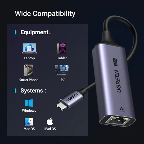 Vista 6 de UGREEN Adaptador USB C a Ethernet 2.5G, adaptador Ethernet para laptop, aluminio, tipo C (compatible con Thunderbolt 4/3) a red RJ45 de Internet