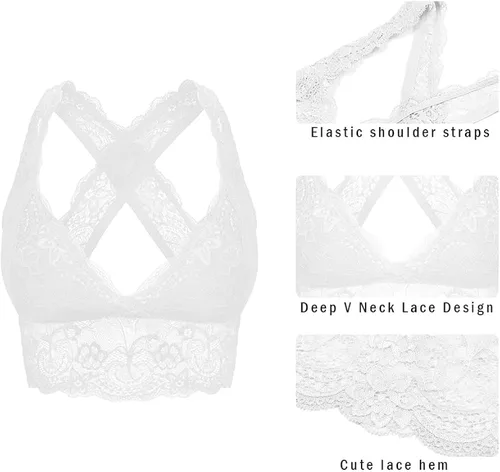 Vista 4 de SHEKINI Womens Lace Bra Wire Free Padded Cross-Back Longline Pullover Racerback Bralette Top