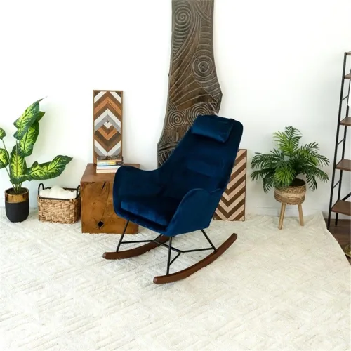 Vista 2 de ASHCROFT Revi Mid-Century - Mecedora de terciopelo con respaldo ajustado en color azul