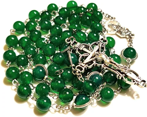 Vista 5 de Rosario Cuentas Chaplet Rojo Verde Ágata Natural Rosería Regalos Católicos